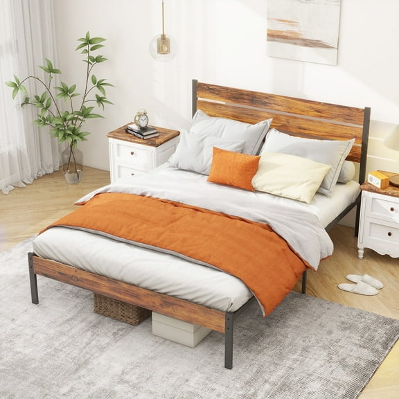 Full Size Bed Frame- Heavy Duty Mattress Foundation with HeadBoard, Steel Slats Support (No Box Spring Needed)