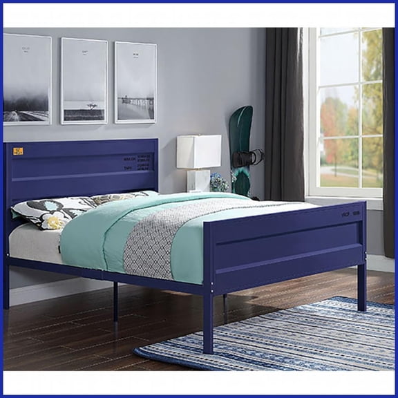 Full Size Metal Platform Bed Frame - Industrial Cargo Container Design, No Box Spring Needed, Blue for Bedrooms