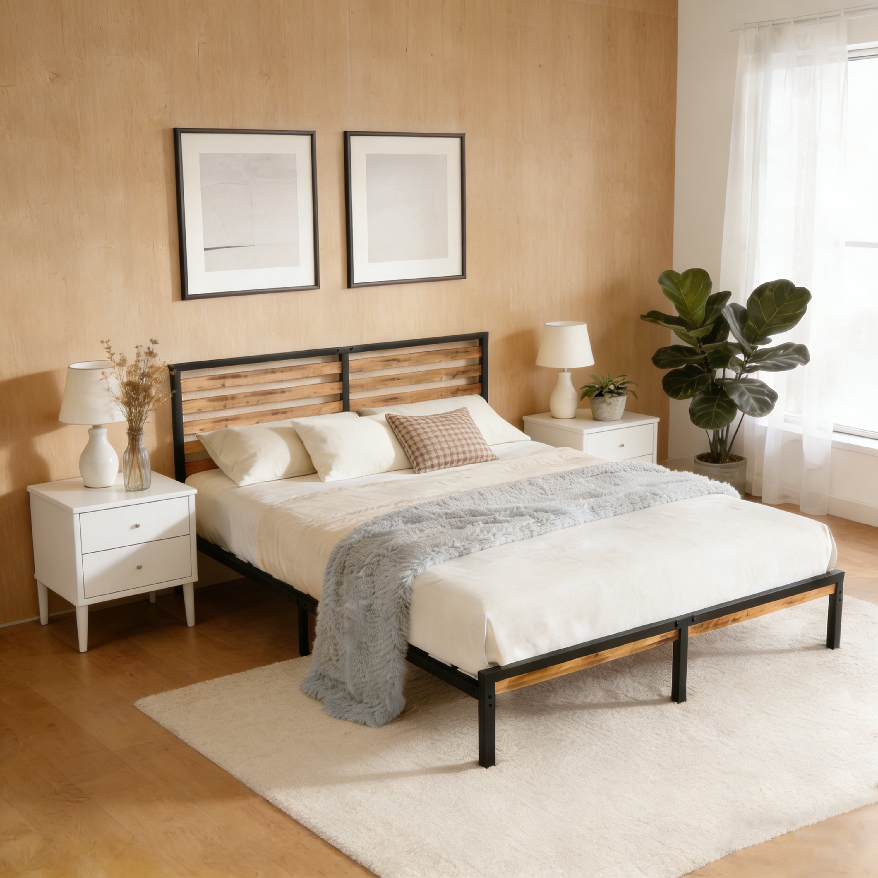 Full Size Metal Platform Bed Frame, Rustic Brown & Black Bed with Wood Headboard, Noise-Free Slat Support, Under Bed Storage Space, No Box Spring Required