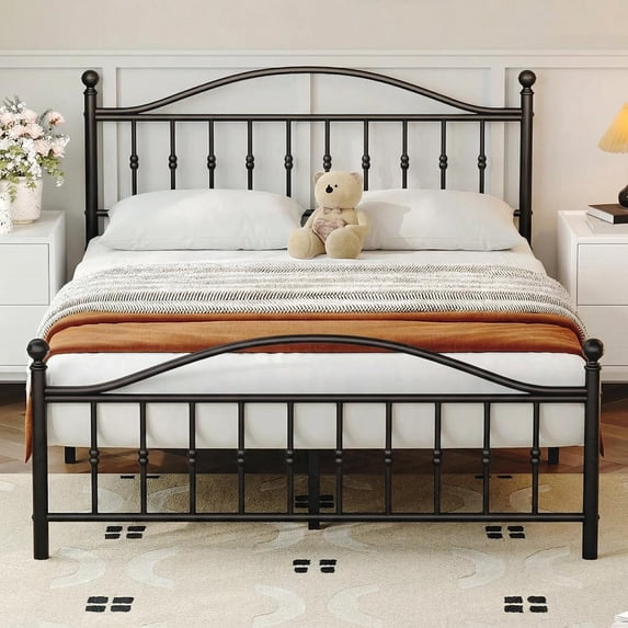 Full Size Metal Platform Bed Frame with Victorian Style Wrought Iron-Art Headboard and Footboard,Mattress Foundation,Under Bed Storage,Noise Free,Easy Assembly,No Box Spring Required,Black
