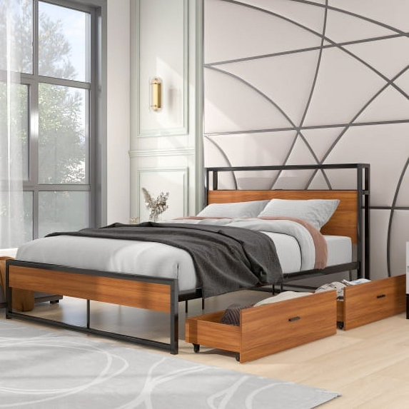 Full Size Metal Platform Bed Frame with Wooden Headboard and Footboard, Heavy Duty Metal Bed Frame with 2 Drawers, Metal Platform Bed Frame with Sockets and USB Ports,No Box Spring Needed, Black