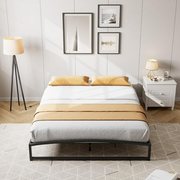 Full Size Metal Platform Bed Frame with Arch Design No Box Spring Needed 10-In Low Profile Heavy Duty Steel Slats Black for Bedroom