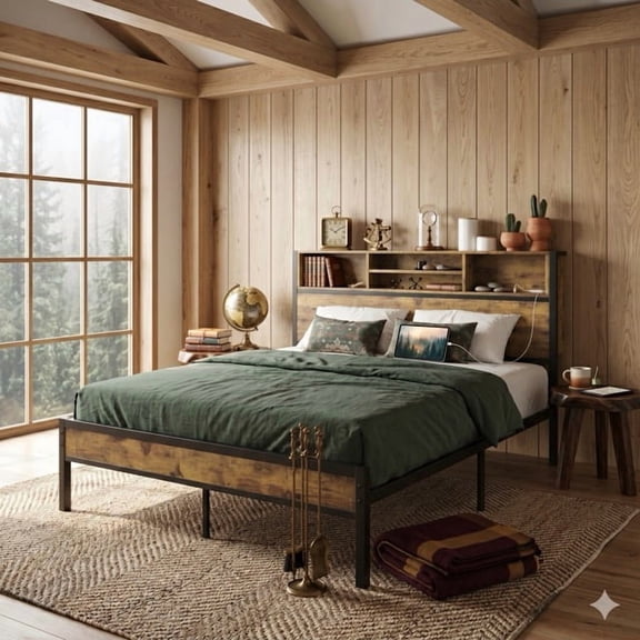 Full Size Metal Platform Bed Frame with Bookcase Storage Headboard, Charging Station and USB Outlets, Black and Rustic Brown, No Box Spring Needed