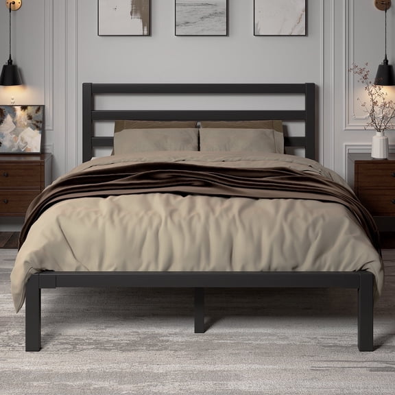 Full Size Metal Platform Bed Frame with Headboard, Heavy Duty Steel Slat Support, Under-Bed Storage, No Box Spring Needed, Black