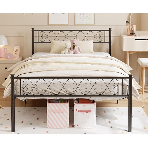 Full Size Metal Platform Bed Frame with Heart Headboard No Box Spring Needed Underbed Storage