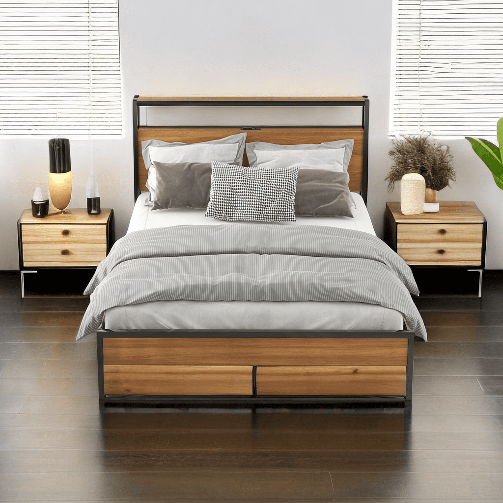 Full Size Metal Platform Bed Frame with Sockets, USB Ports and Slat ...