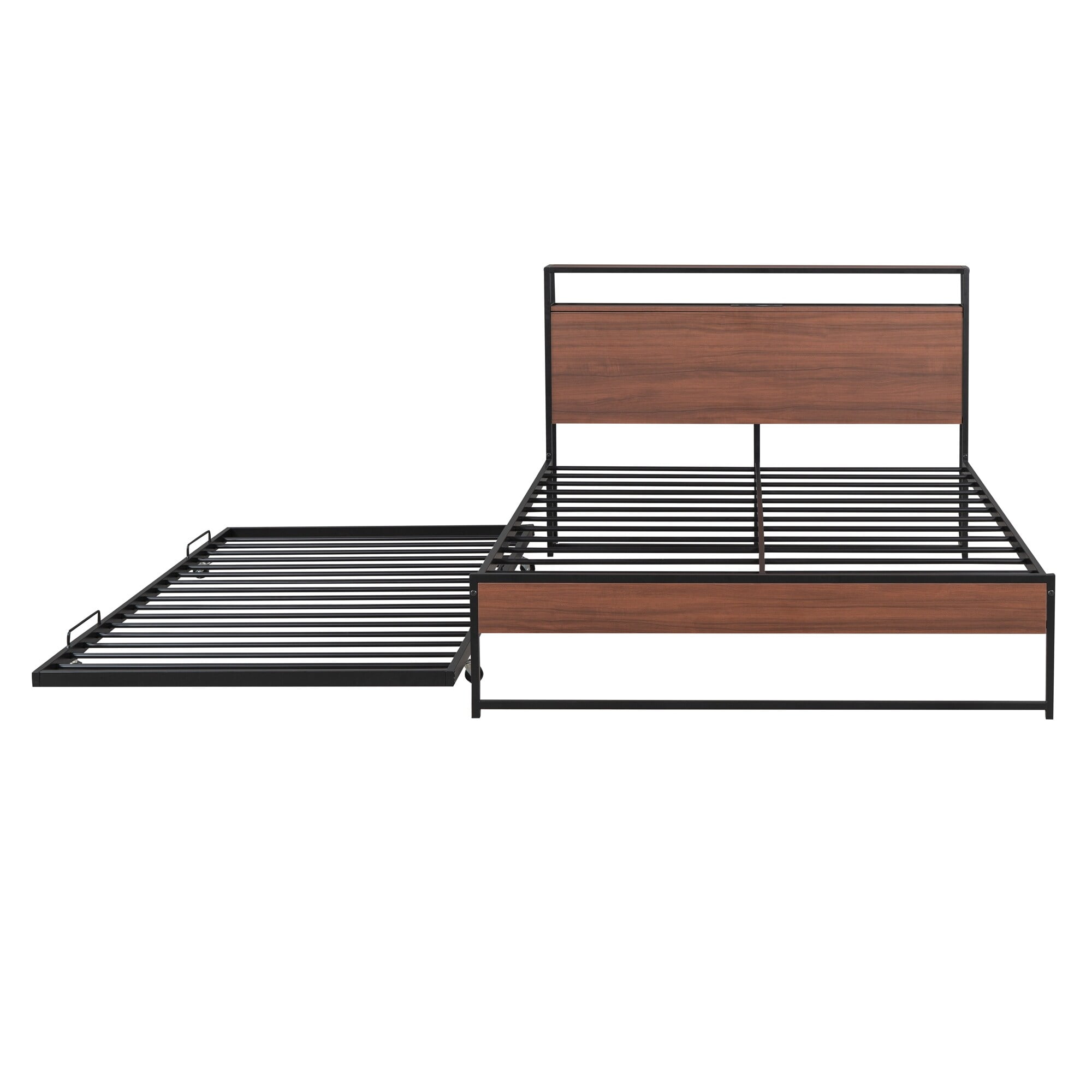Full Size Metal Platform Bed Frame with Twin size Trundle, USB Ports