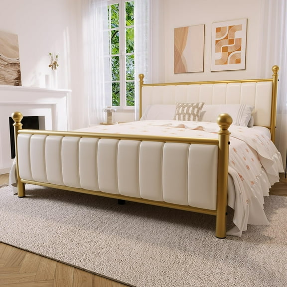 Full Size Metal Platform Bed Frame with Upholstered Headboard, Easy Assembly, No Box Spring Needed, White