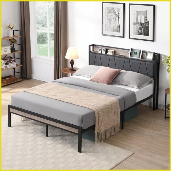 Full Size Metal Platform Bed Frame with Upholstered Headboard & USB - No Box Spring Needed, 13" Underbed Storage for Bedroom