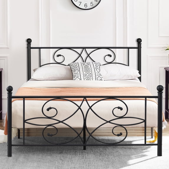 Full Size Metal Platform Bed Frame with Victorian Headboard and Footboard, Under Storage Space, Black