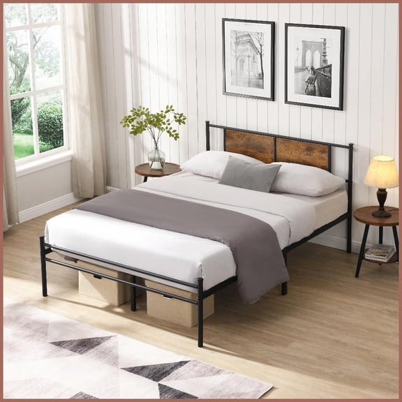 Full Size Metal Platform Bed Frame with Wood Panel Headboard - No Box Spring Needed, 350LBS Capacity, Silent, Black for Bedroom