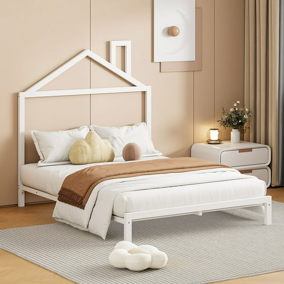Full Size Metal Platform Bed with House-Shaped Headboard Design,Heavy Duty Steel Slat Support,Metal Bed Frame with Modern Iron-Art Headboard & Footboard,White