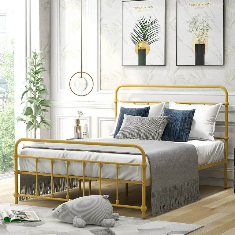 Full Size Metal Platform Bed with Headboard and Footboard Solid