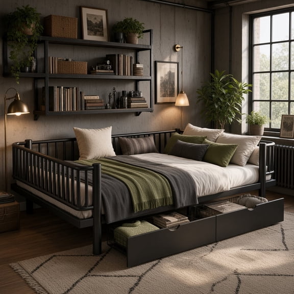 Full Size Metal Platform Bed with Storage Drawers, Round-Pipe Design, Low Profile Daybed Frame