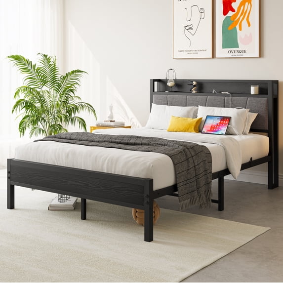 Full Size Metal Platform Bed with Storage Upholstered Headboard and Charging Station, Noiseless, No Box Spring Needed, Black