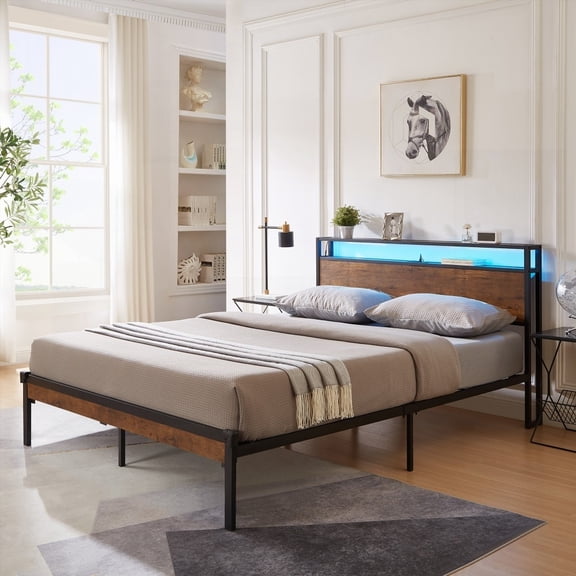 Full-Size Metal Platform Bed with Wooden Components, USB LINER, LED Lights, No Box Spring Needed, Easy Assembly & Large Under-Bed Storage Area