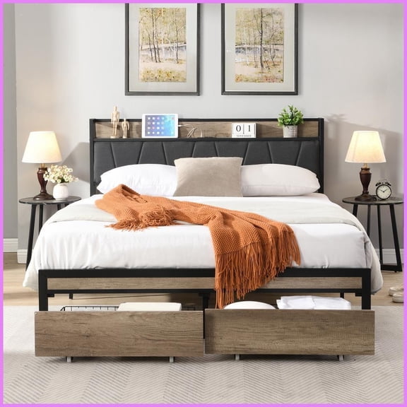 Full Size Metal Platform Storage Bed Frame with RGB Headboard No Box Spring Needed 600LBS Capacity