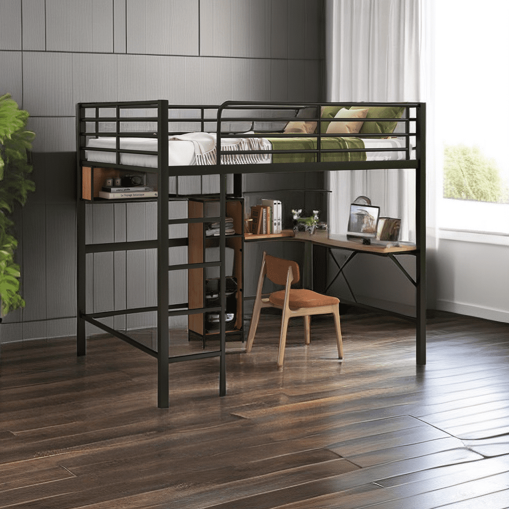 Full Size Metal & Wood Loft Bed with L -Shaped Desk and Shelves ...