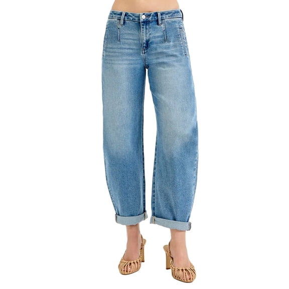 Full Size Mid Rise Fit Barrel Roll Up Jeans