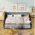 thumbnail image 1 of Full Size Minimalist Metal Floor Bed Frame, Montessori Bed with Fence and Door, Low Children Bed for Boy & Girl,Black, 1 of 6