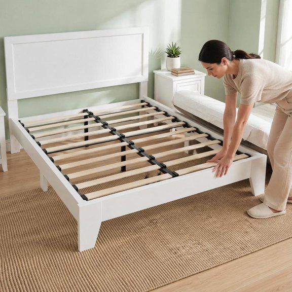 Full Size Modern Bed Frame with Headboard, Wooden Slats, No Box Spring Needed, White