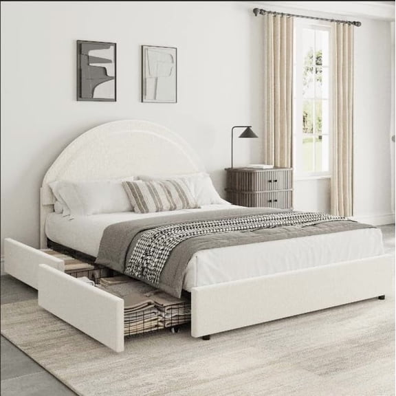 Full Size Modern Boucle Upholstered Platform Bed Frame - 2 Built-In Storage Drawers, Soft Padded Headboard, Sturdy MDF & Wooden Slat Support, No Box Spring Needed - Luxurious Bedroom Furniture, White