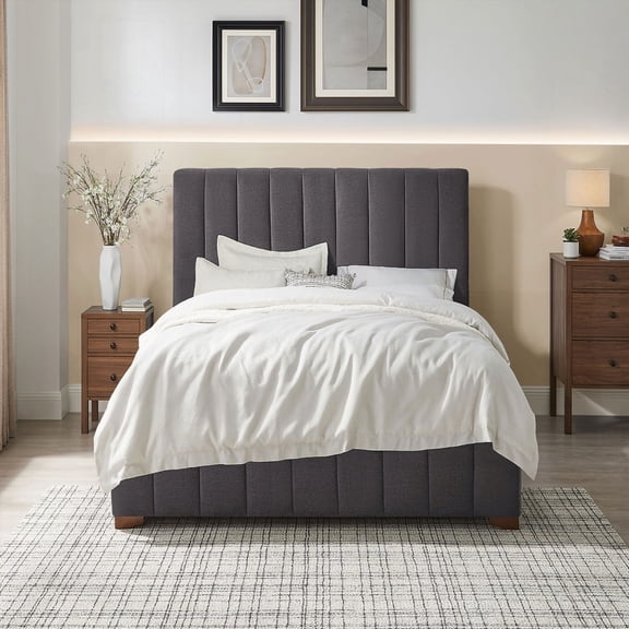 Queen Size Rubber Plywood Platform Bed Frame with Fabric Headboard,No Box Spring Needed,Dark Grey for Bedroom