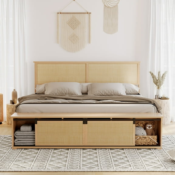 Full Size Modern Solid Wood Platform Bed - Square Grass Rattan Headboard with Sliding Barn Door Storage and LED Lights, Noiseless, White Oak Colour