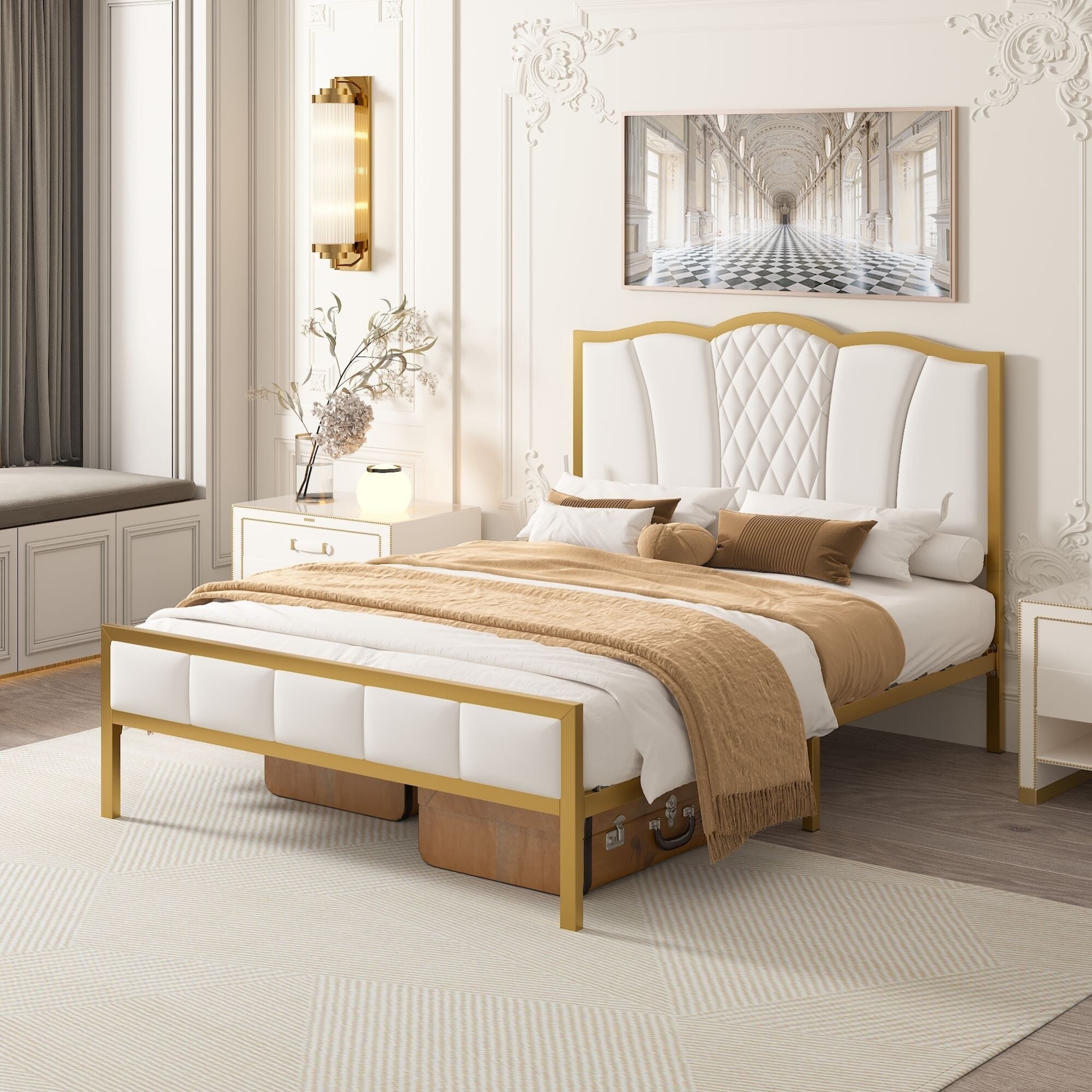 Full Size Modern Upholstered Bed with Tufted Headboard & Golden Metal