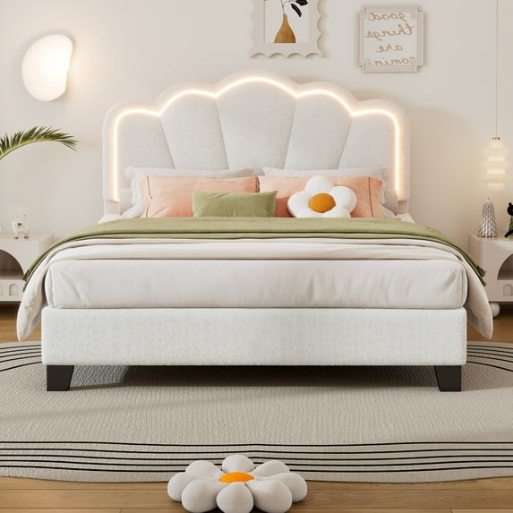Full Size Modern Upholstered Flower-Shape Bed, Sherpa Fabric Platform Bed Frame with LED Lights and Wooden Slats Support, Easy Assemble, Stable Structure, Maximum Load 500 Lbs, White