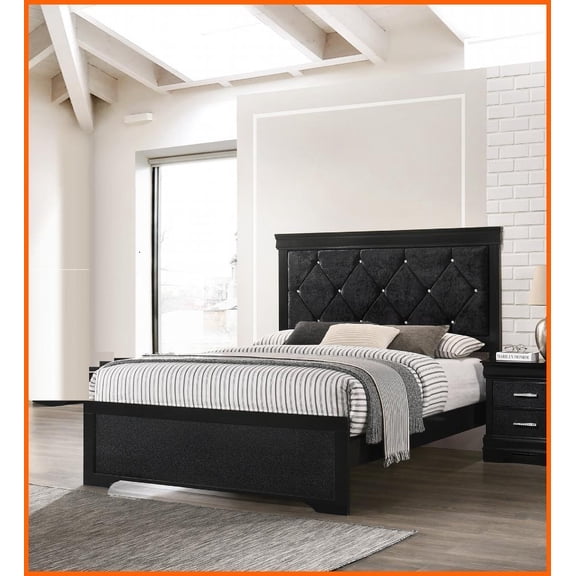 Full Size Modern Wood Panel Bed - Black Finish with Crystal-Like Tufted Upholstered Headboard for Bedroom