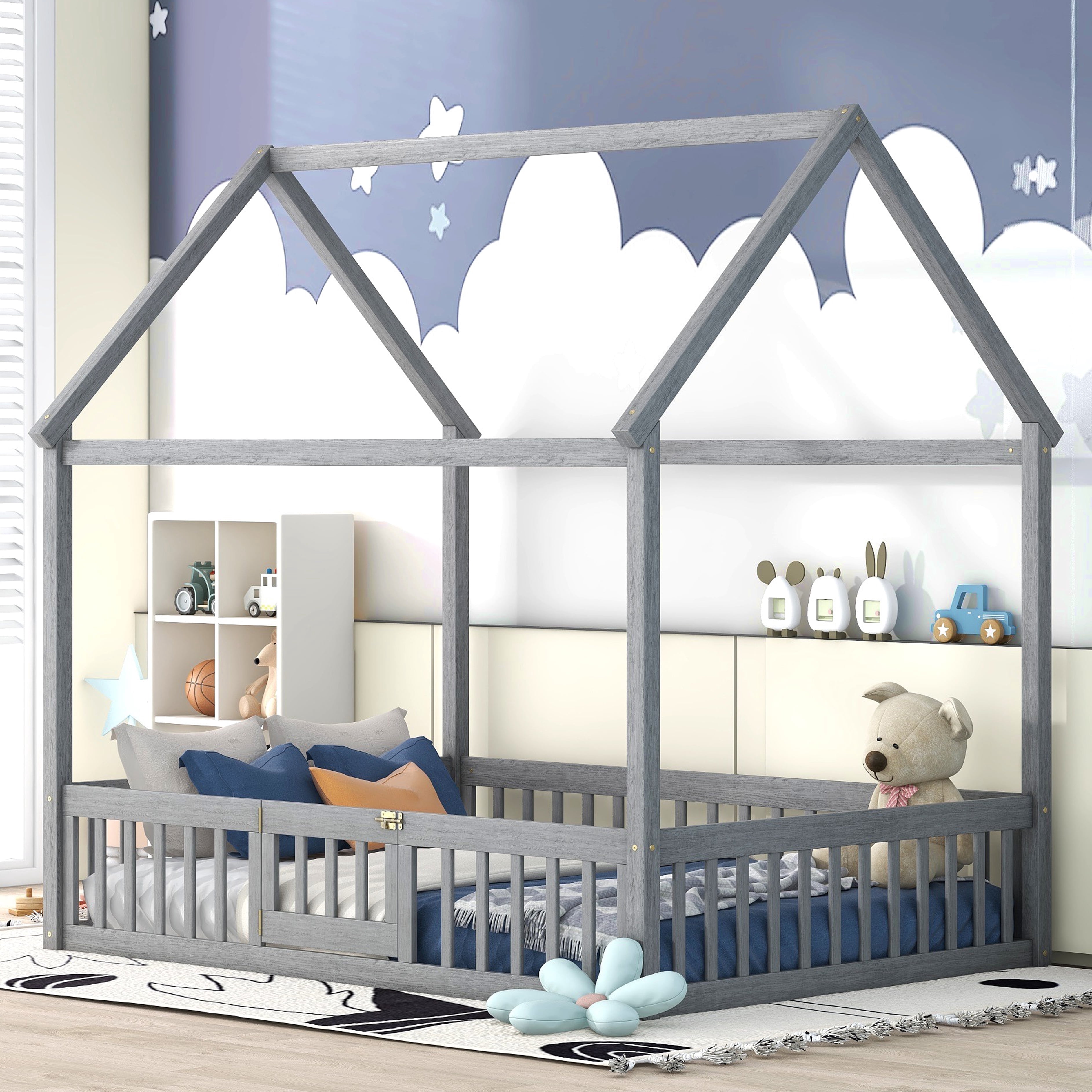 Full Size Montessori Bed, Full House Beds with Fence and Door, Floor Bed Full with Rails (Gray)