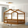 thumbnail image 1 of Full Size Montessori Bed, Pine Wood House Bed Frame with Roof & Full-length Guard Rails, Play House Floor Bed for Boys, Girls, Teen, No Box Spring Needed, Walnut, 1 of 8