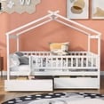 thumbnail image 1 of Full Size Montessori Bed with Two Drawers for Kids, Wood Floor Bed Frame, House Bed Frame with Fence & Roof, Solid Wood Playhouse Bed Storage Bed, for Girls Boys Teens, White, 1 of 7