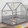 thumbnail image 1 of Full Size Montessori Bed, Wooden Floor House Bed with 20" High Fence and Roof, Montessori Floor Beds Without Slats for Boys,Girls, Grey, 1 of 7