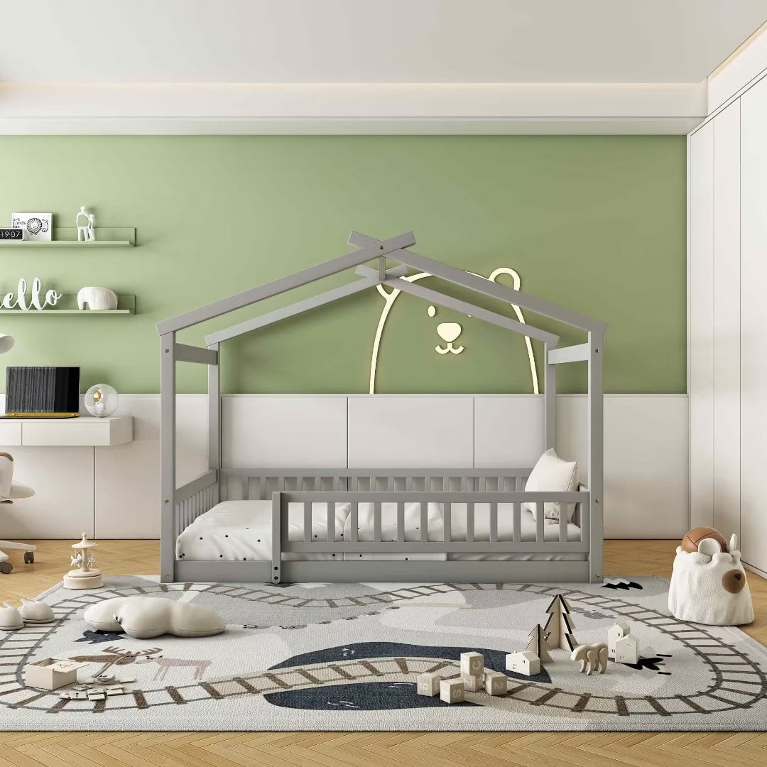 Full Size Montessori Bed for Kids, Wood Floor Bed Frame, House Bed Frame with Fence & Roof, Solid Wood Playhouse Bed for Girls Boys Teens, Gray