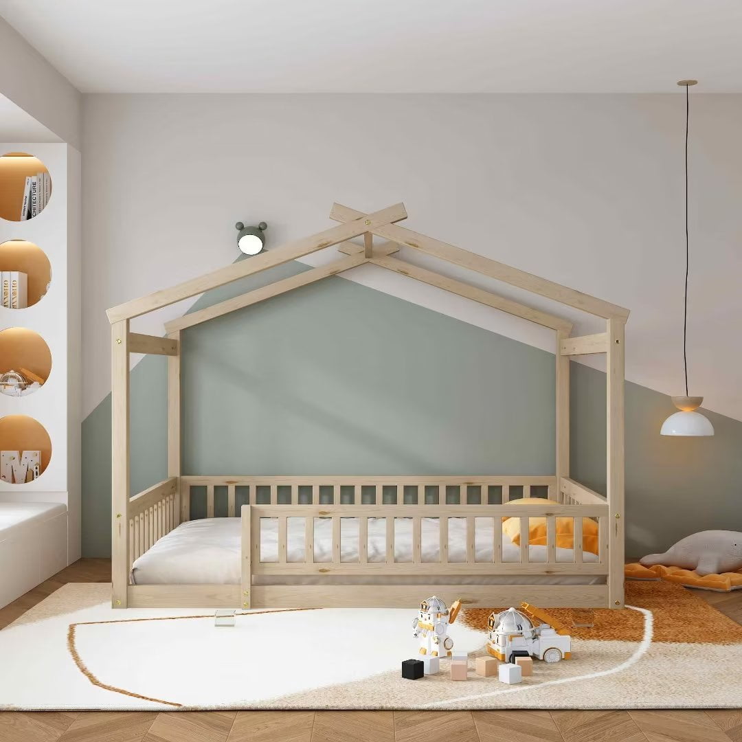 Full Size Montessori Bed for Kids, Wood Floor Bed Frame, House Bed Frame with Fence & Roof, Solid Wood Playhouse Bed for Girls Boys Teens, Natural