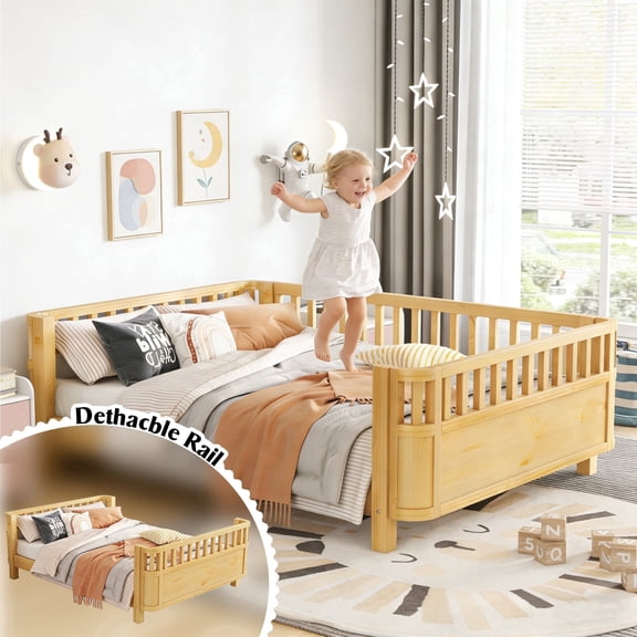 Full Size Montessori Bed with Detachable Rails, Solid Wood Low-Profile Platform Bed with Fence, No Box Spring Needed (Natural)