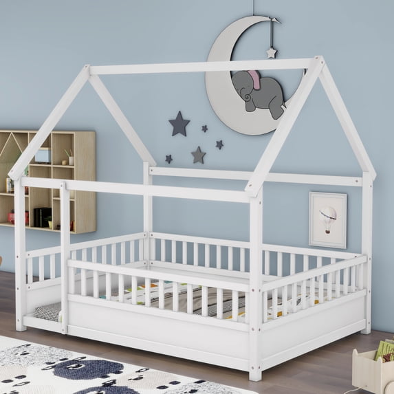 Full Size Montessori Floor Bed with 20" High Safety Fence & Detachable Roof for Boys & Girls, White, Durable Wooden Design for Independent Sleep & Creative Play