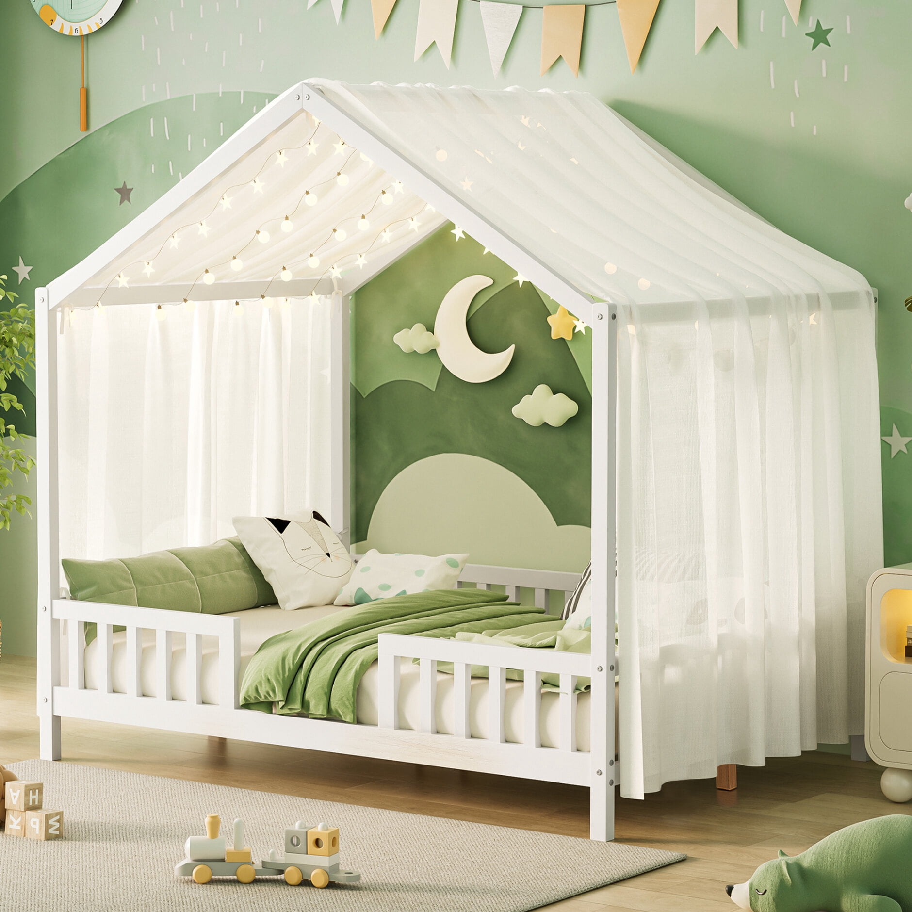 Full Size Montessori Floor Bed with Canopy,Wooden House Shape Bed with High Railings and Roof,Floor Bed Frame with Reinforced Slats Support,No Box Spring Needed,House Beds for Boys,Girls,White