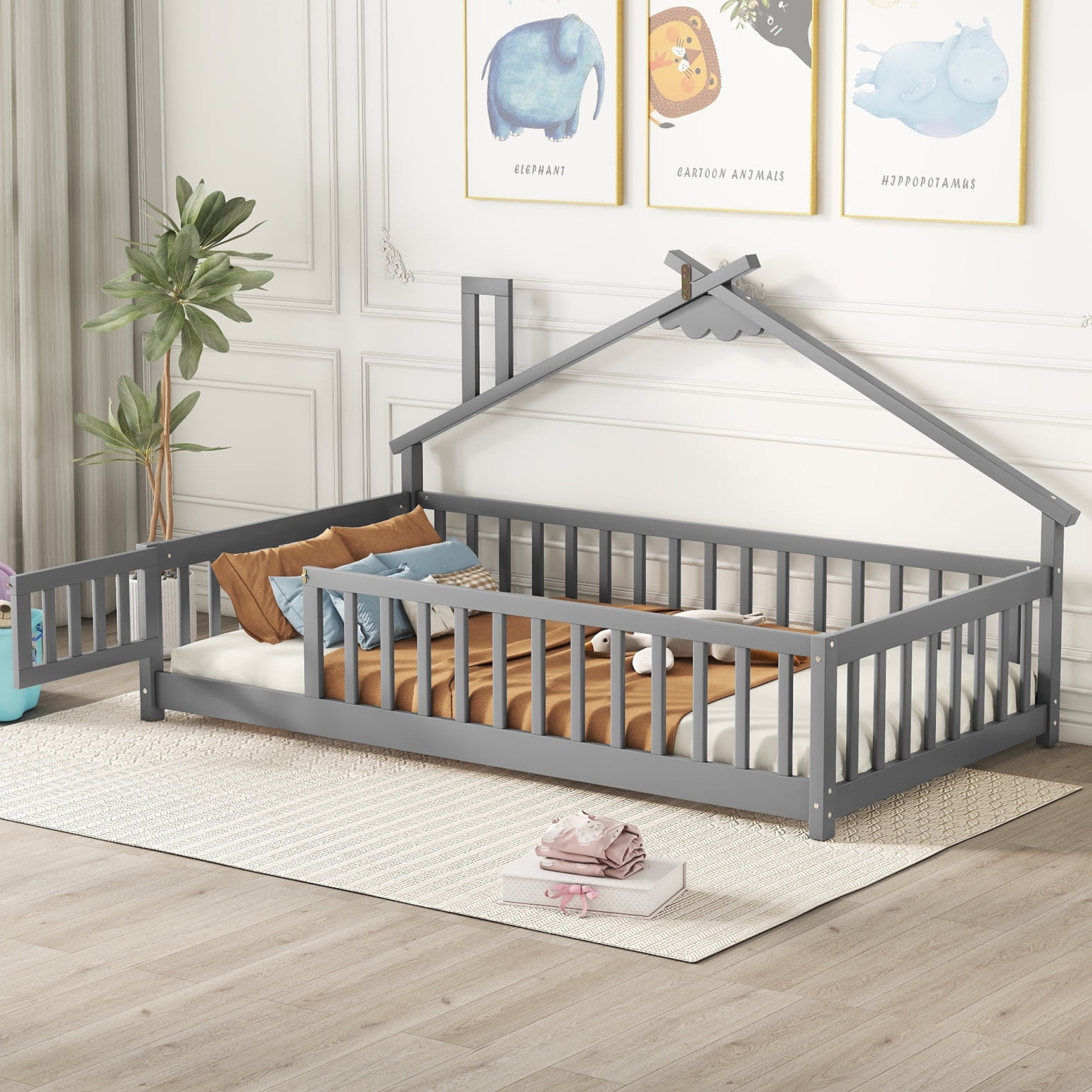 Full Size Montessori Floor Bed Frame with Door and Fence Shaped