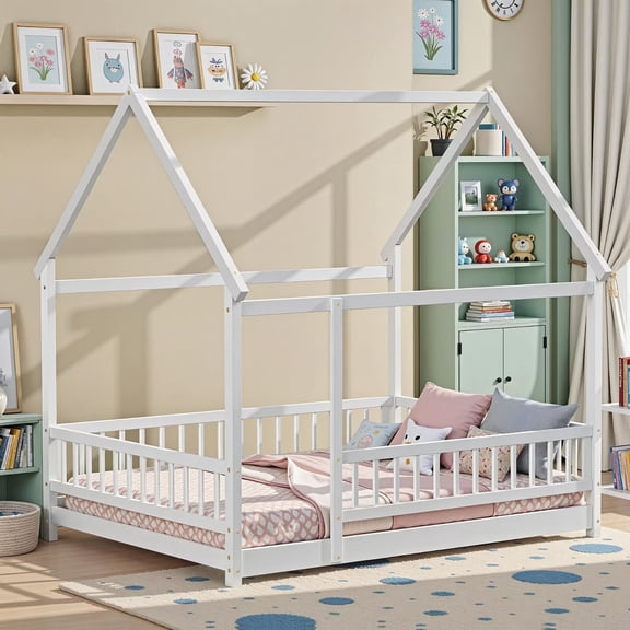 Full Size Montessori Floor Bed Frame with Slats and Fence, Wooden House Bed for Boys Girls Bedroom, White