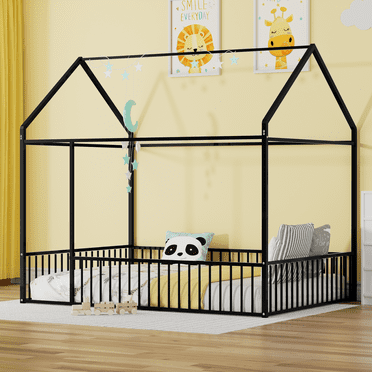 Full Size Montessori Floor Bed, Full Metal House Bed Frame with Fence, House Floor Bed for Kids, Girls, Boys, Teens, Easy Assembly, Black