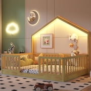 Full Size Montessori Floor Bed with High Rails, Wood House Beds Frame with LED Light, Low Profile Montessori Bed Full with Slats for Kids, Easy to Assembly, Full bed frames Natural