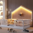 thumbnail image 1 of Full Size Montessori Floor Bed with High Rails, Wood House Beds Frame with LED Light, Low Profile Montessori Bed Full with Slats for Kids, Easy to Assembly, Full bed frames white, 1 of 11