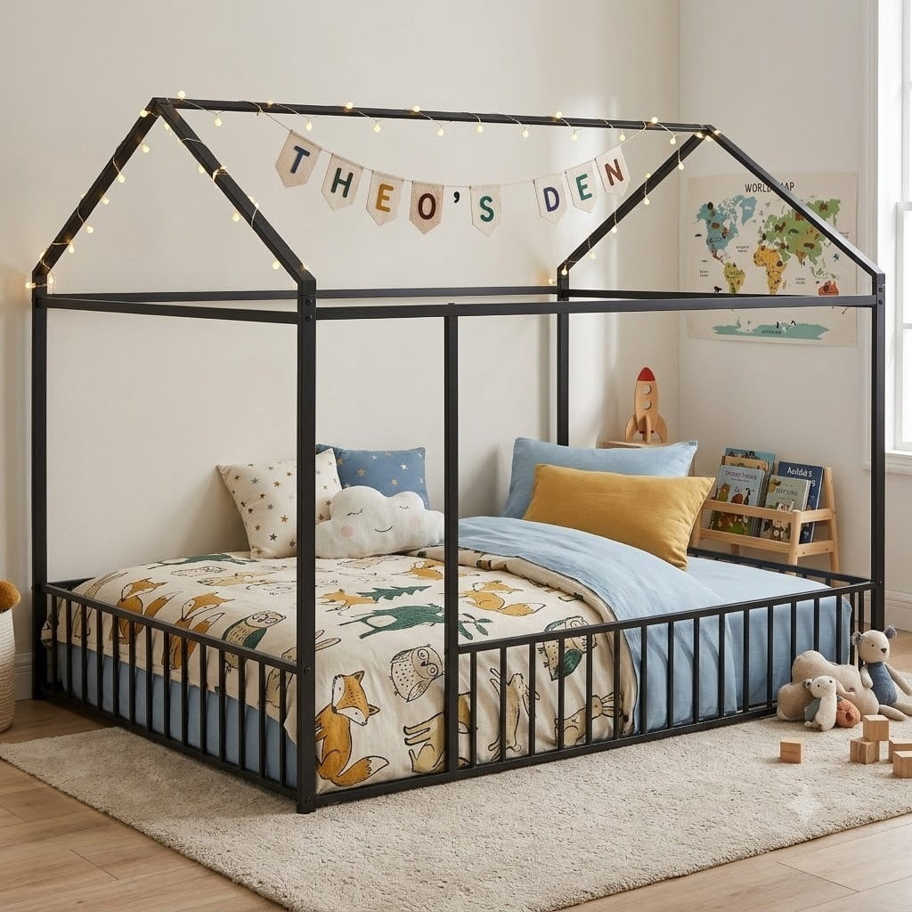 Full Size Montessori Floor Bed, Metal House Bed Frame for Kids, Kids Floor Beds with Fence Guardrails, Playhouse Bed for Kids Boys Girls
