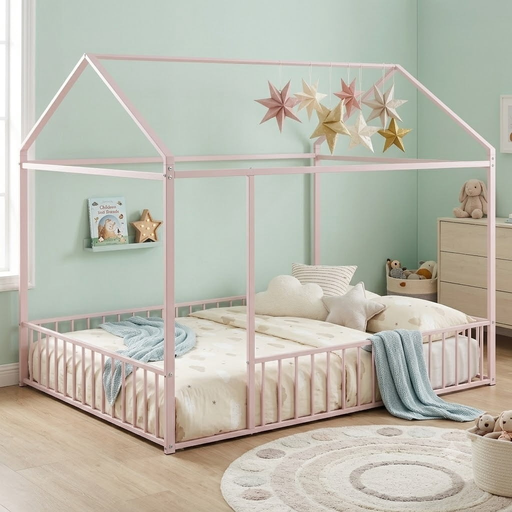 Full Size Montessori Floor Bed, Metal House Bed Frame for Kids, Kids Floor Beds with Fence Guardrails, Playhouse Bed for Kids Boys Girls