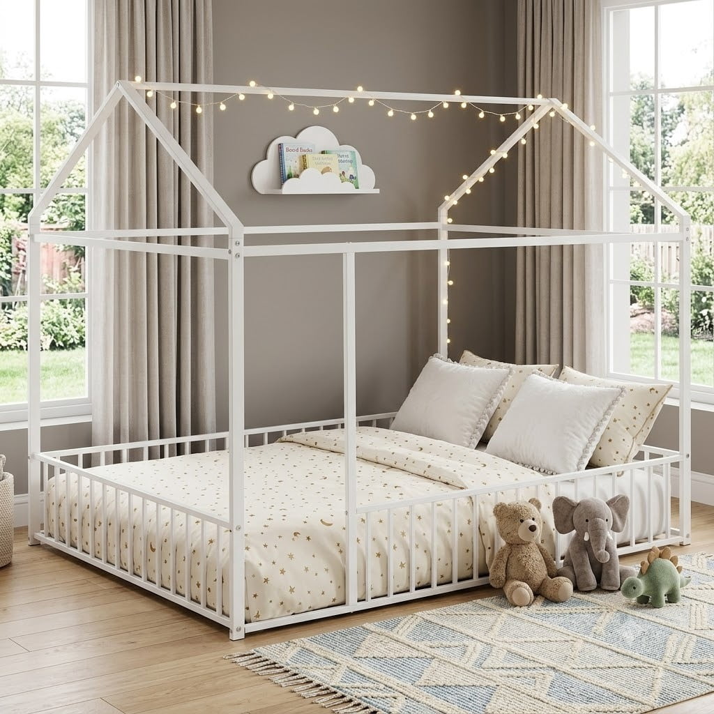 Full Size Montessori Floor Bed, Metal House Bed Frame for Kids, Kids Floor Beds with Fence Guardrails, Playhouse Bed for Kids Boys Girls