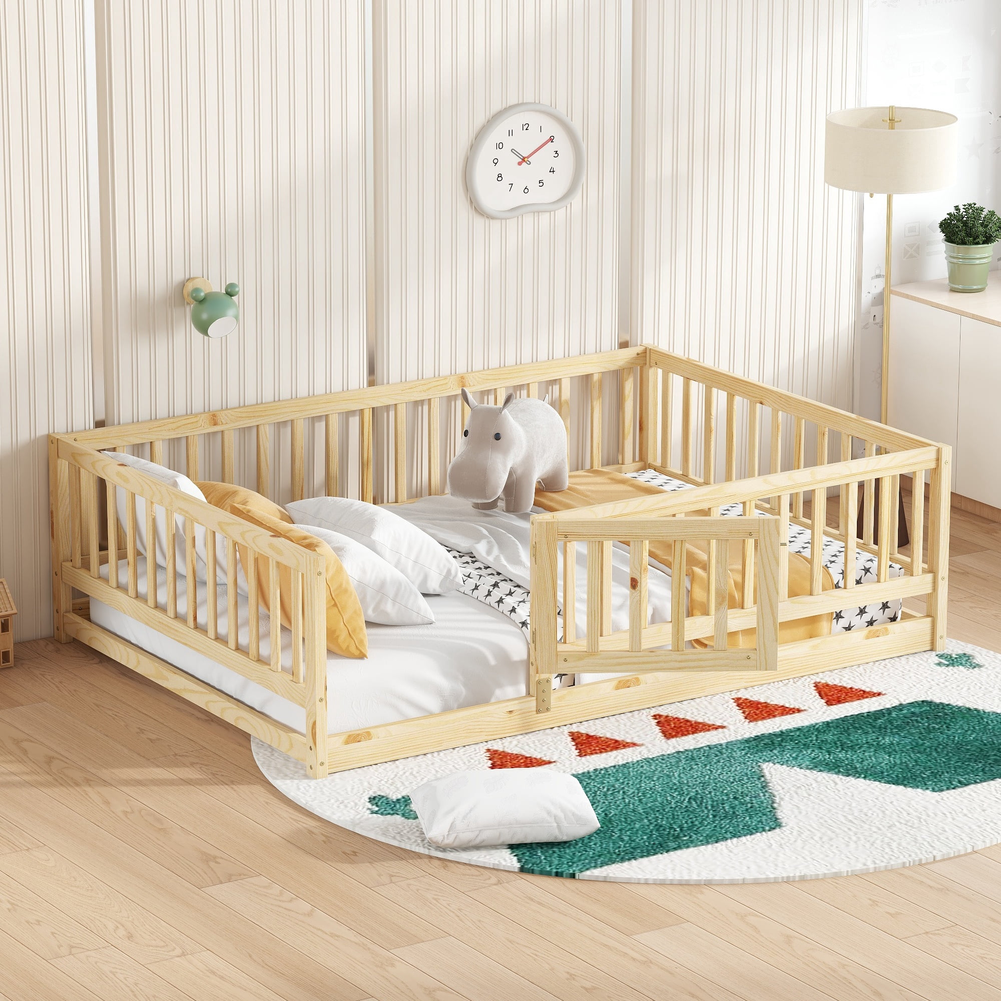 Full Size Montessori Floor Bed with Fence and Door, Solid Wood Kids Bed and Toddler Playhouse Bed with Slats, Oak