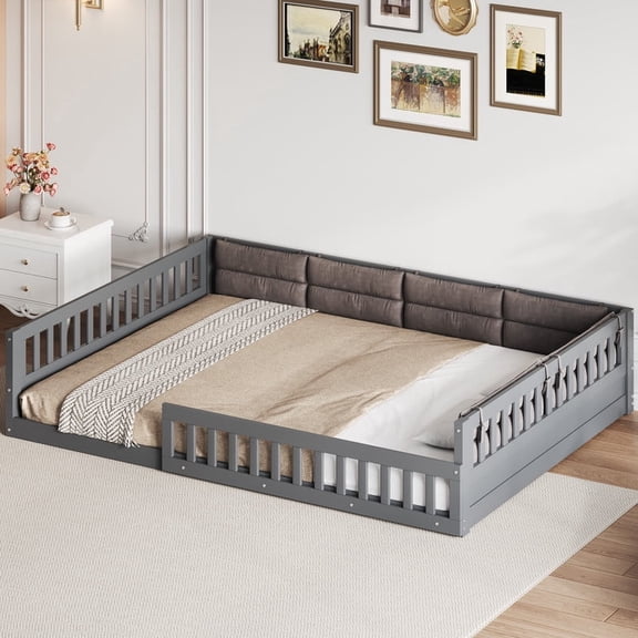 Full Size Montessori Floor Bed with Guardrails & Fluffy Pillows, Full Floor Bed Frame with Slats, Gray